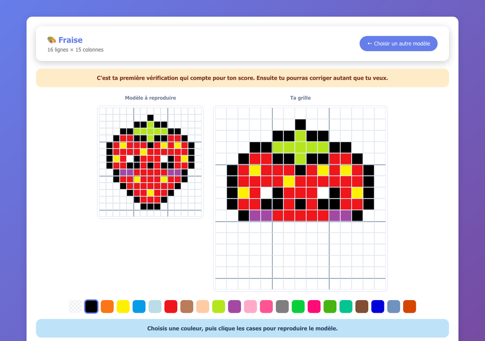 Pixel art d'une fraise à moitié reproduit sur une grille, palette de couleurs en bas d'écran