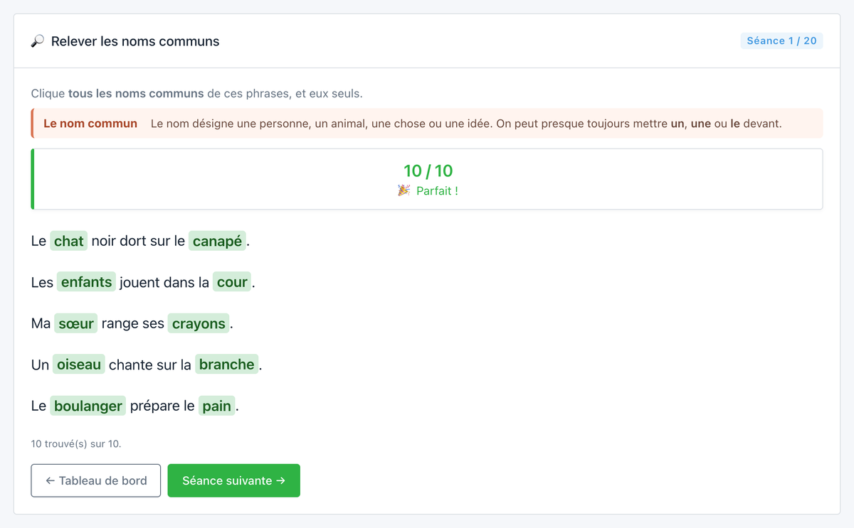 Correction immédiate : toutes les réponses justes surlignées en vert, 10 sur 10